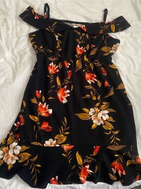 Love Squared Black Off-Shoulder Floral Dress with Orange & Cream Blooms